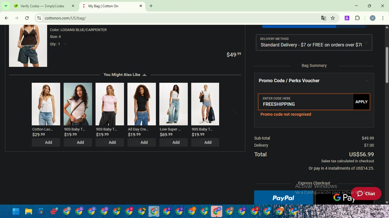 Cotton On promo code screenshot showing code FREESHIPPING applied at Cotton On checkout page. Uploaded by SimplyCodes community member SwiftScout1619 on May 9, 2025