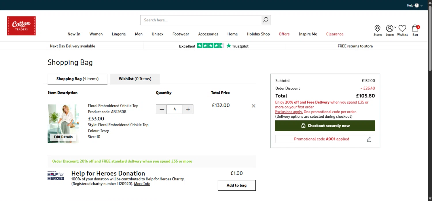 Cotton Traders discount code screenshot showing code A901 applied at Cotton Traders checkout page. Uploaded by SimplyCodes community member DiscountLion3937 on Jun 8, 2025