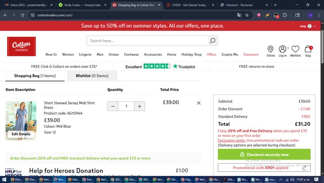 Cotton Traders checkout page showing Cotton Traders discount code box | Screenshot taken by SimplyCodes community member on Aug 5, 2025