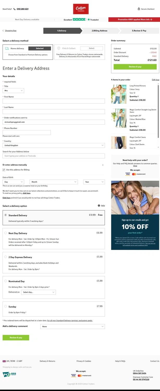 Cotton Traders discount code screenshot showing code A901 applied at Cotton Traders checkout page. Uploaded by SimplyCodes community member belma123 on May 10, 2025