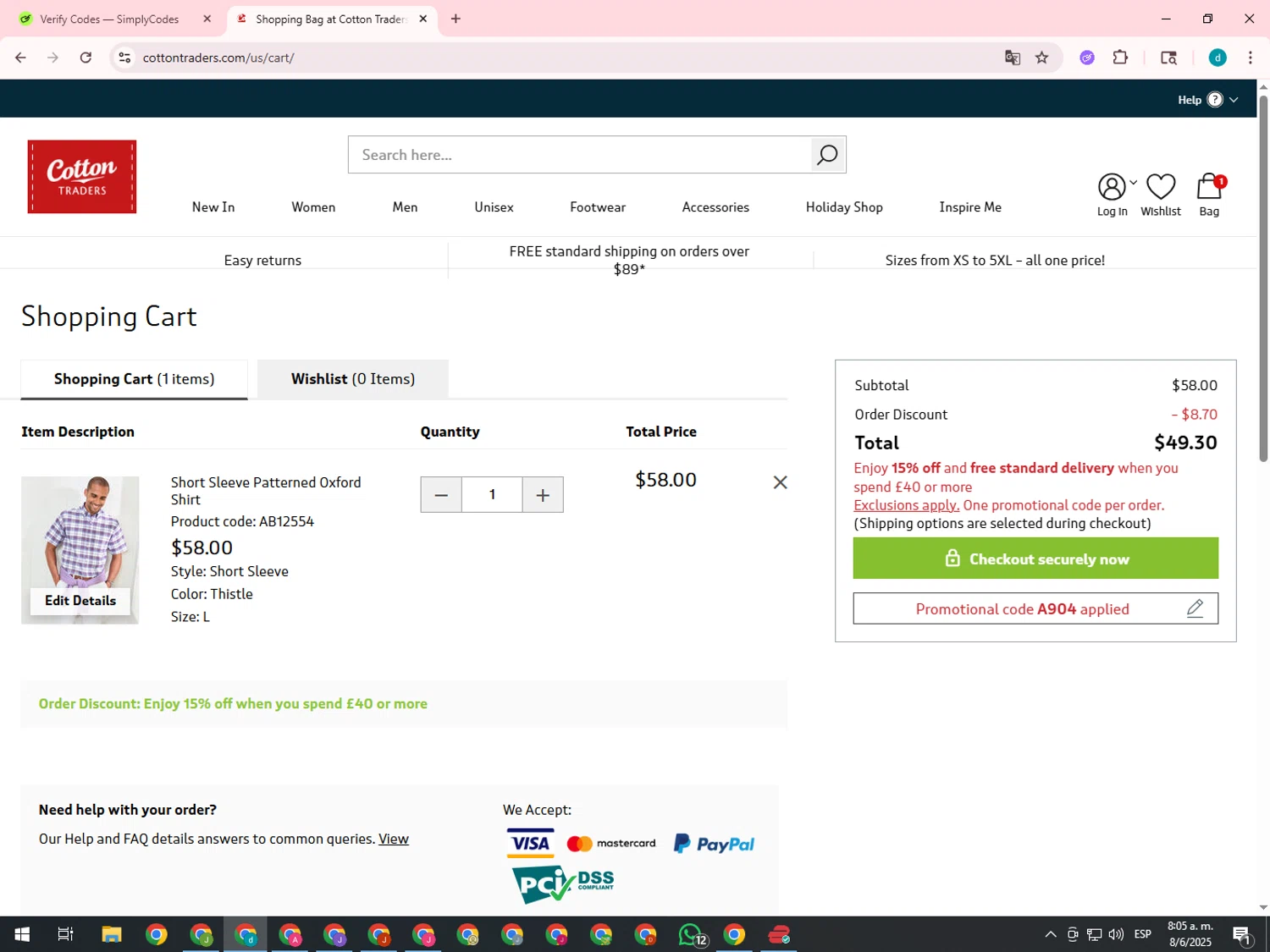 Cotton Traders discount code screenshot showing code A904 applied at Cotton Traders checkout page. Uploaded by SimplyCodes community member GloriousTiger3507 on Jun 8, 2025