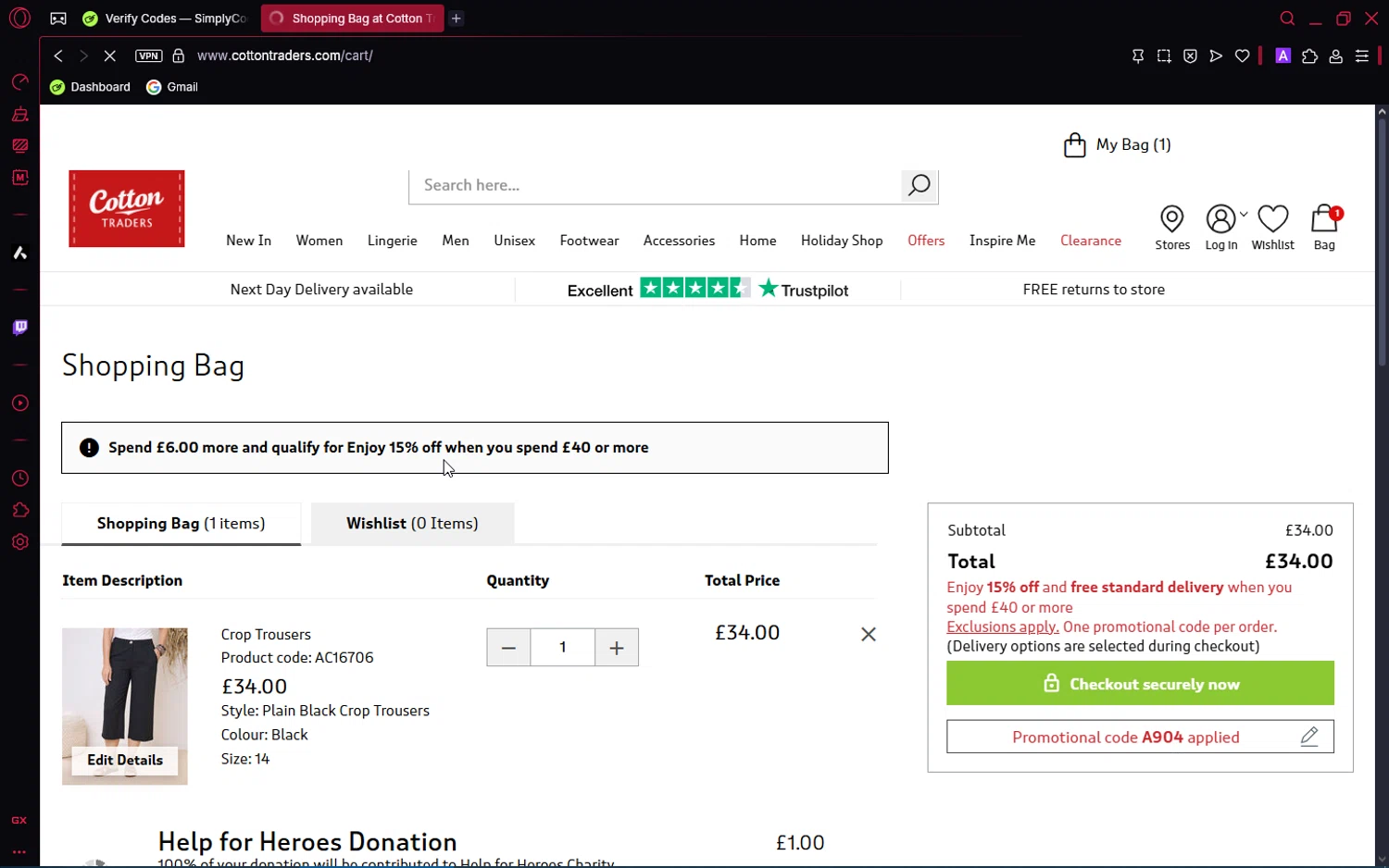 Cotton Traders discount code screenshot showing code A904 applied at Cotton Traders checkout page. Uploaded by SimplyCodes community member ShrewdPioneer2612 on May 10, 2025
