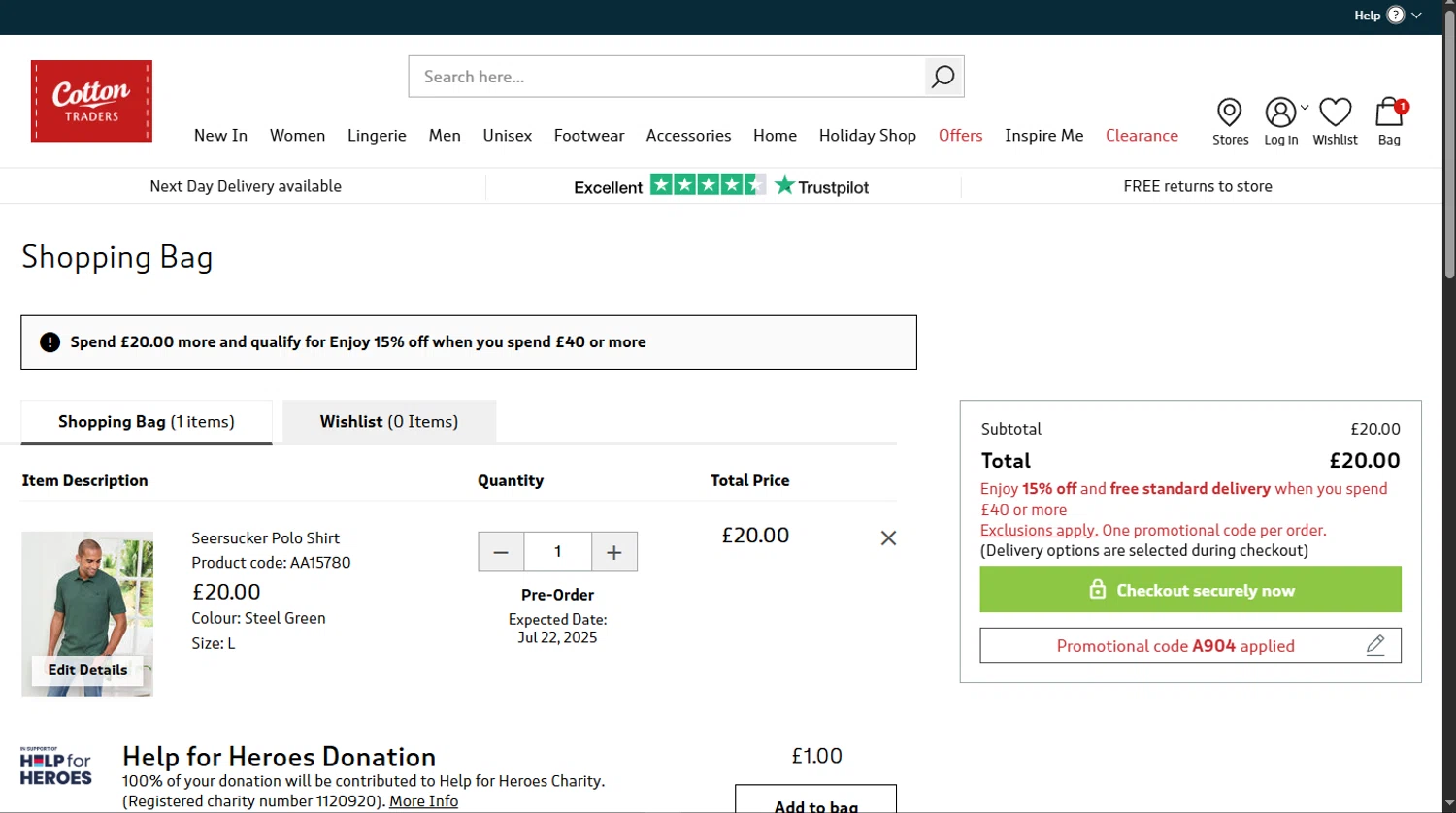 Cotton Traders discount code screenshot showing code A904 applied at Cotton Traders checkout page. Uploaded by SimplyCodes community member TokioMiller on Jul 7, 2025