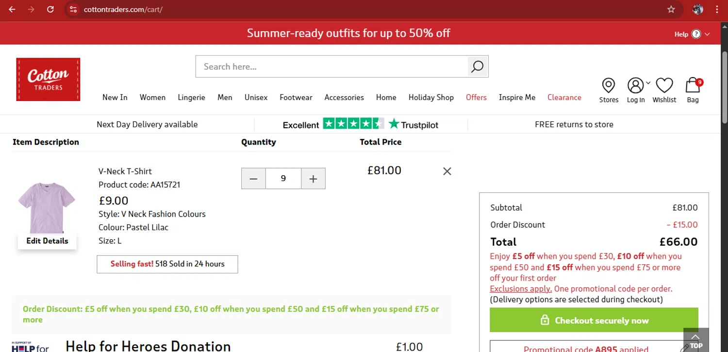 Cotton Traders discount code screenshot showing code A895 applied at Cotton Traders checkout page. Uploaded by SimplyCodes community member kimberlinmartinez on May 16, 2025