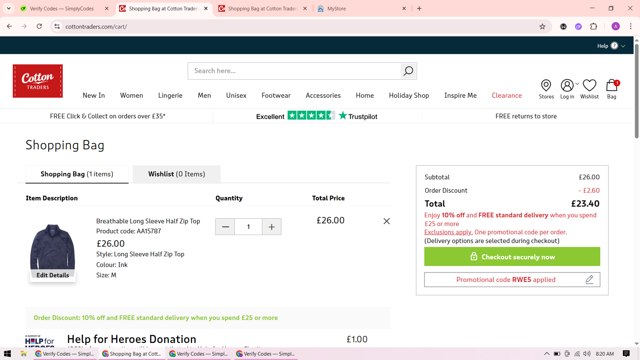 Cotton Traders checkout page showing Cotton Traders discount code box | Screenshot taken by SimplyCodes community member on Jul 12, 2025