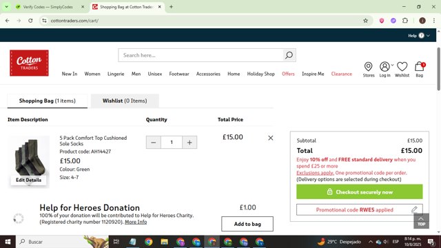 Cotton Traders checkout page showing Cotton Traders discount code box | Screenshot taken by SimplyCodes community member on Aug 11, 2025