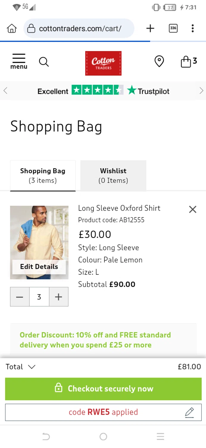 Cotton Traders discount code screenshot showing code RWE5 applied at Cotton Traders checkout page. Uploaded by SimplyCodes community member EpicPilot2189 on Apr 16, 2025