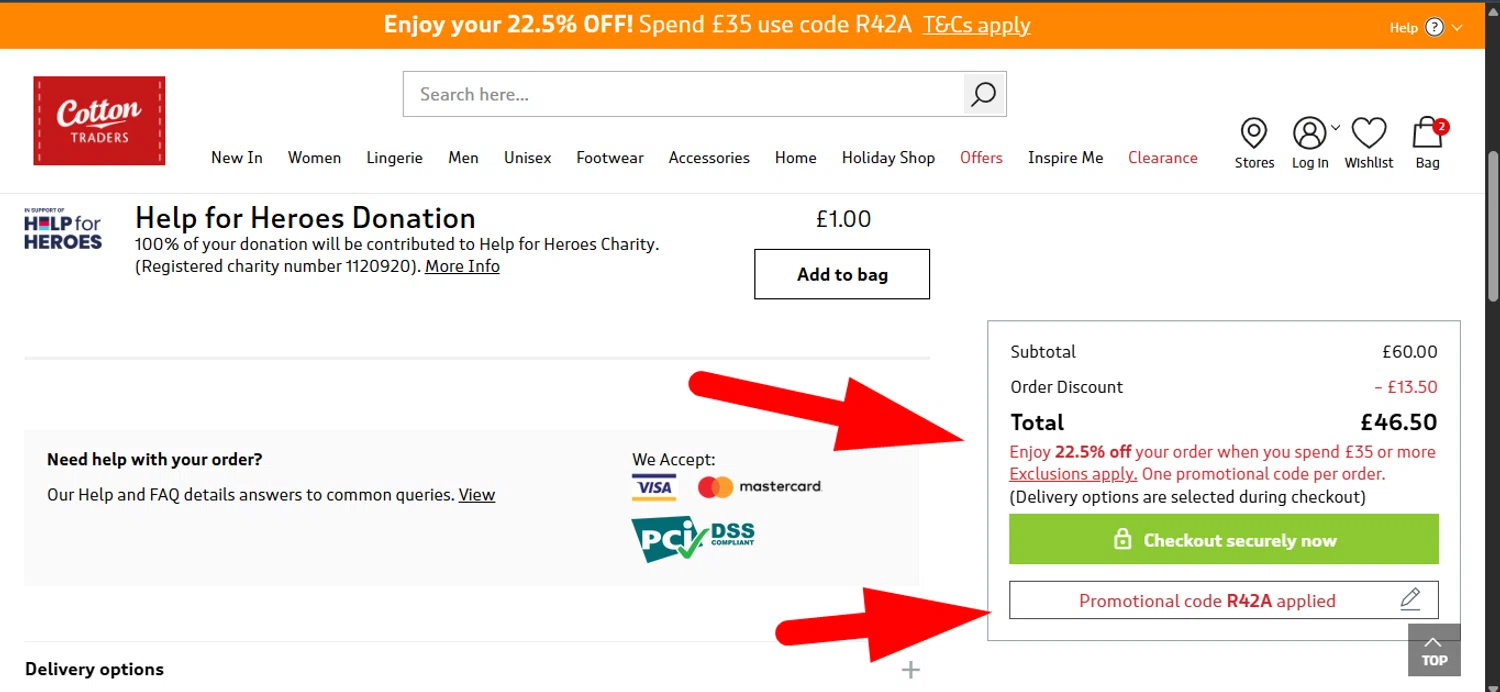 Cotton Traders discount code screenshot showing code R42A applied at Cotton Traders checkout page. Uploaded by SimplyCodes community member _____________________________ on Apr 17, 2025