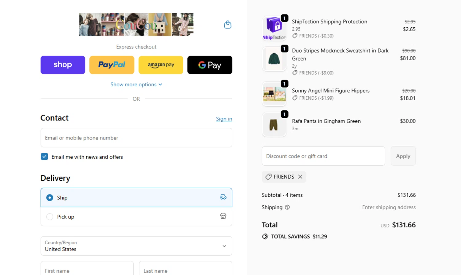 CouCou discount code screenshot showing code FRIENDS applied at CouCou checkout page. Uploaded by SimplyCodes community member SavvyLegend1586 on Sep 24, 2025
