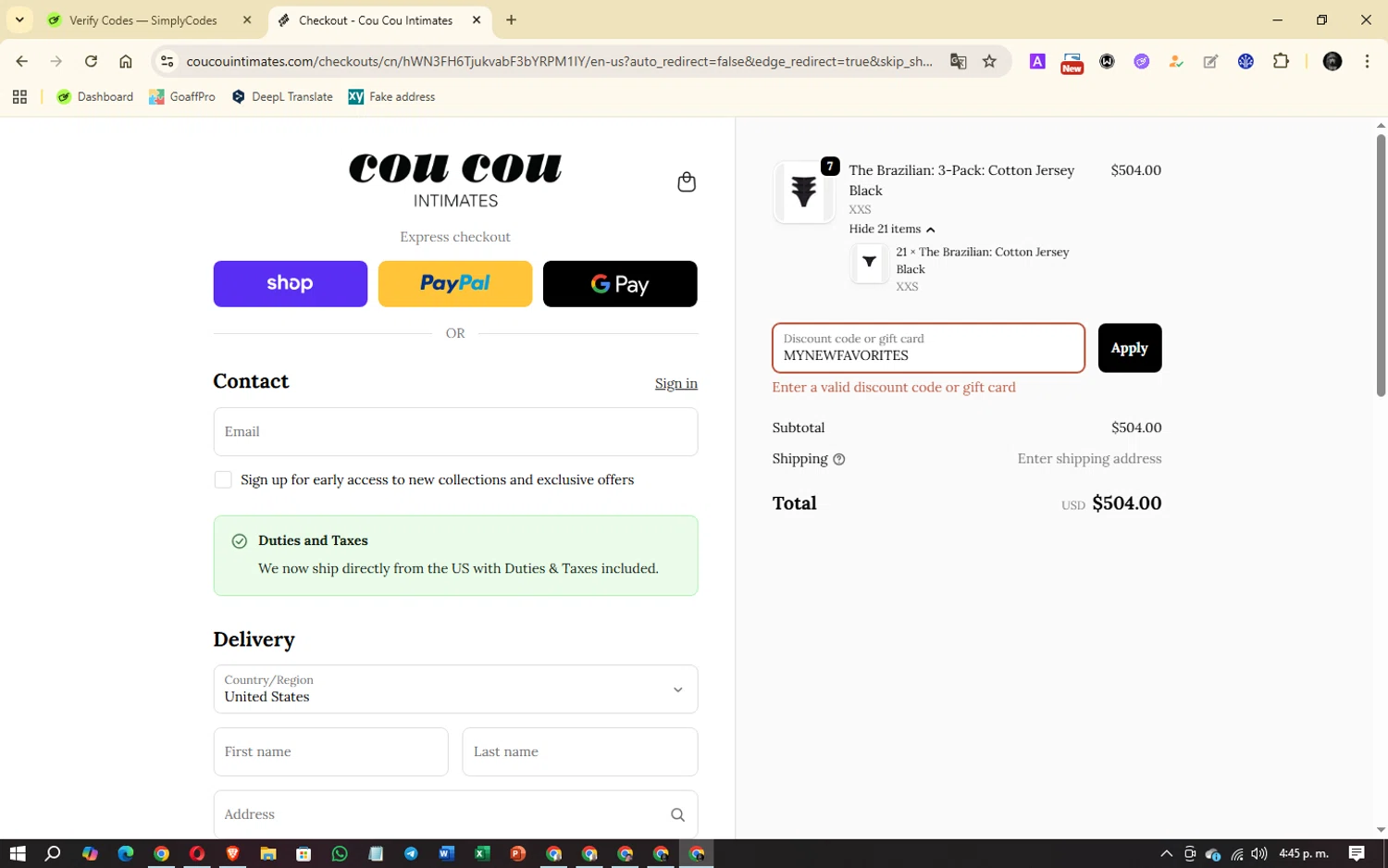 Cou Cou Intimates discount code screenshot showing code MYNEWFAVORITES applied at Cou Cou Intimates checkout page. Uploaded by SimplyCodes community member Aspen_Colorado on Sep 21, 2025