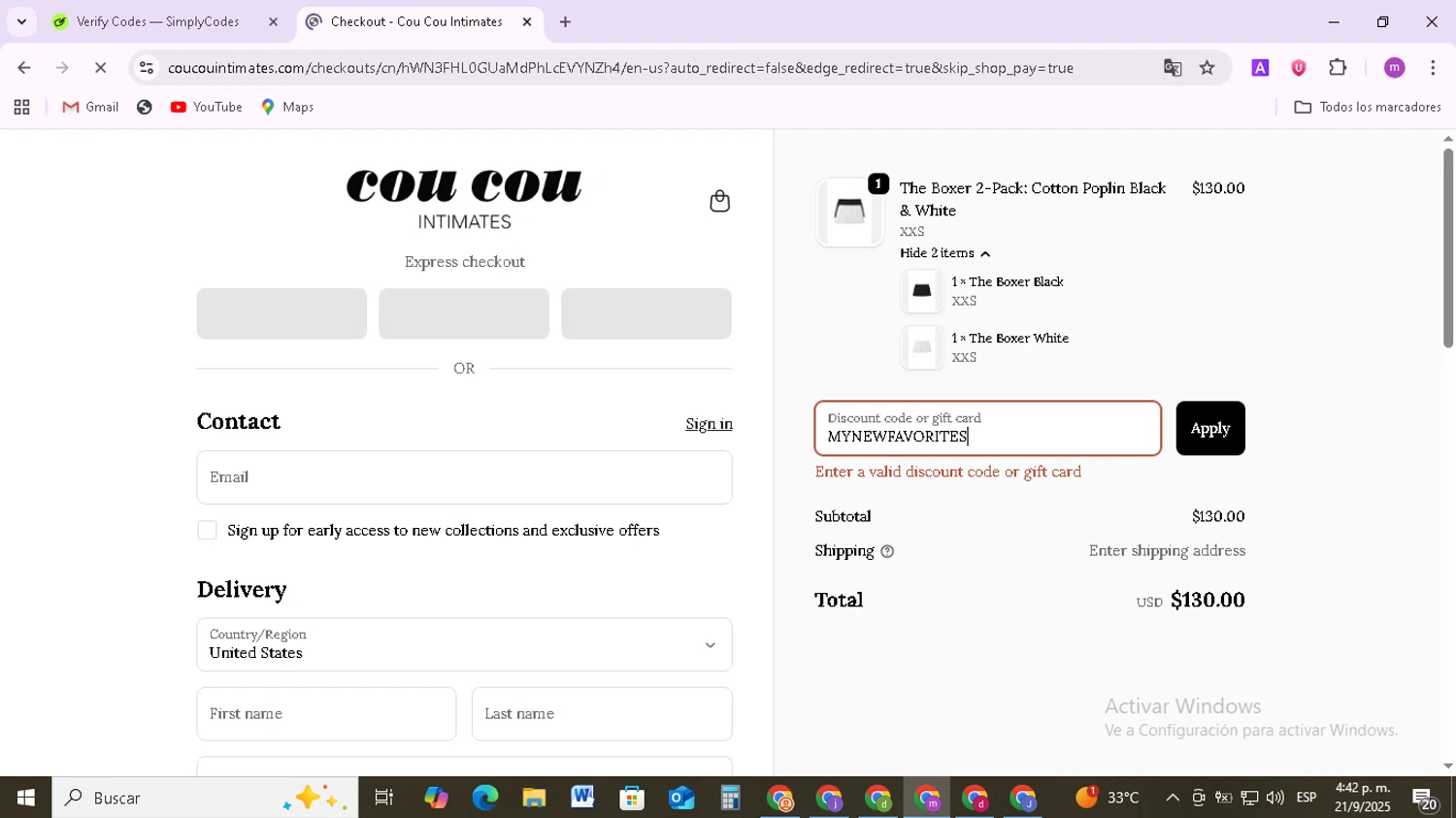 Cou Cou Intimates discount code screenshot showing code MYNEWFAVORITES applied at Cou Cou Intimates checkout page. Uploaded by SimplyCodes community member BudgetMonarch8952 on Sep 21, 2025