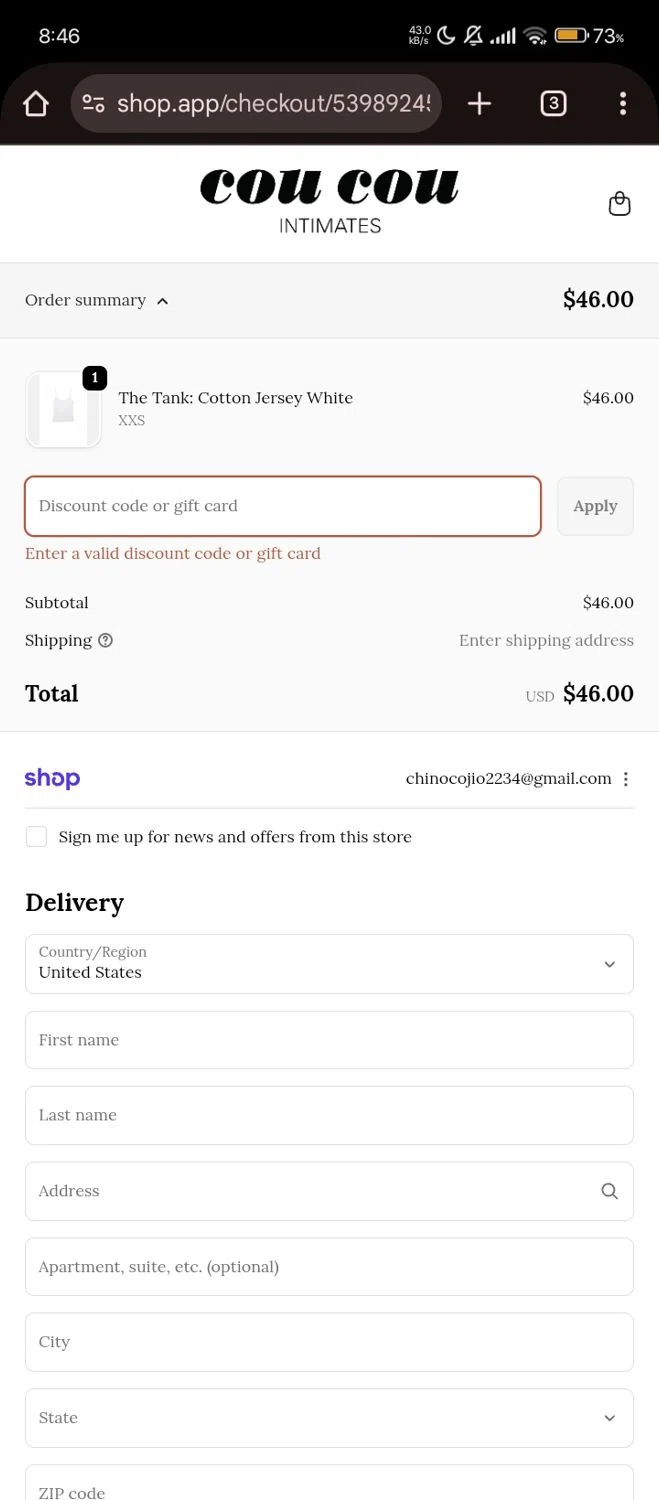 Cou Cou Intimates discount code screenshot showing code bonjour applied at Cou Cou Intimates checkout page. Uploaded by SimplyCodes community member Bjhfuhdf on Sep 19, 2025