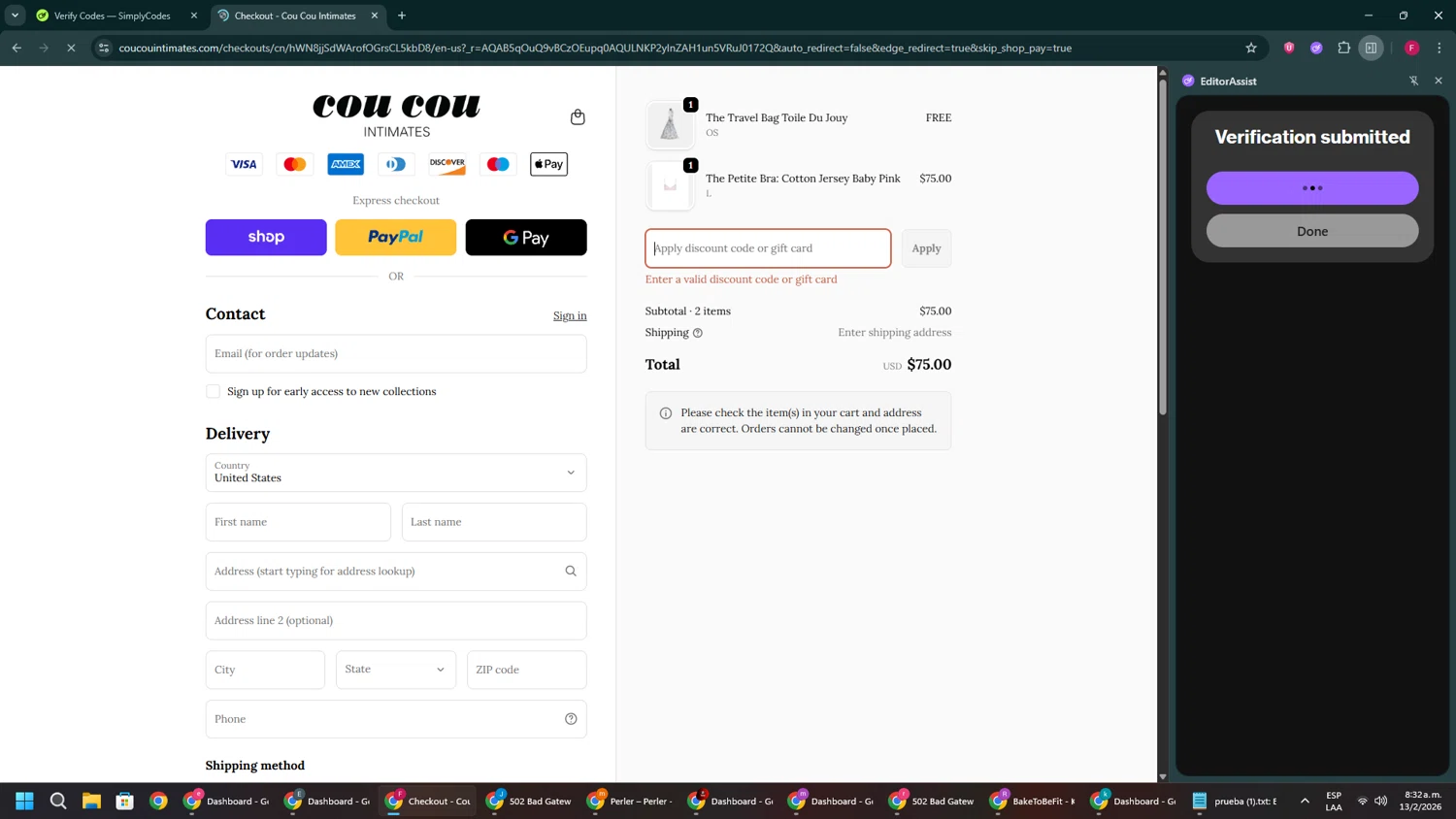 Cou Cou Intimates discount code screenshot showing code bonjour applied at Cou Cou Intimates checkout page. Uploaded by SimplyCodes community member ExtraordinaryVirtuoso281 on Feb 13, 2026