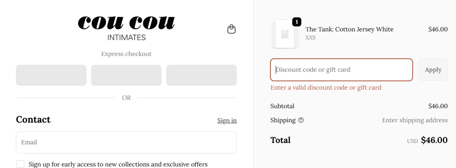 Cou Cou Intimates discount code screenshot showing code bonjour applied at Cou Cou Intimates checkout page. Uploaded by SimplyCodes community member perrasimplera on Sep 19, 2025