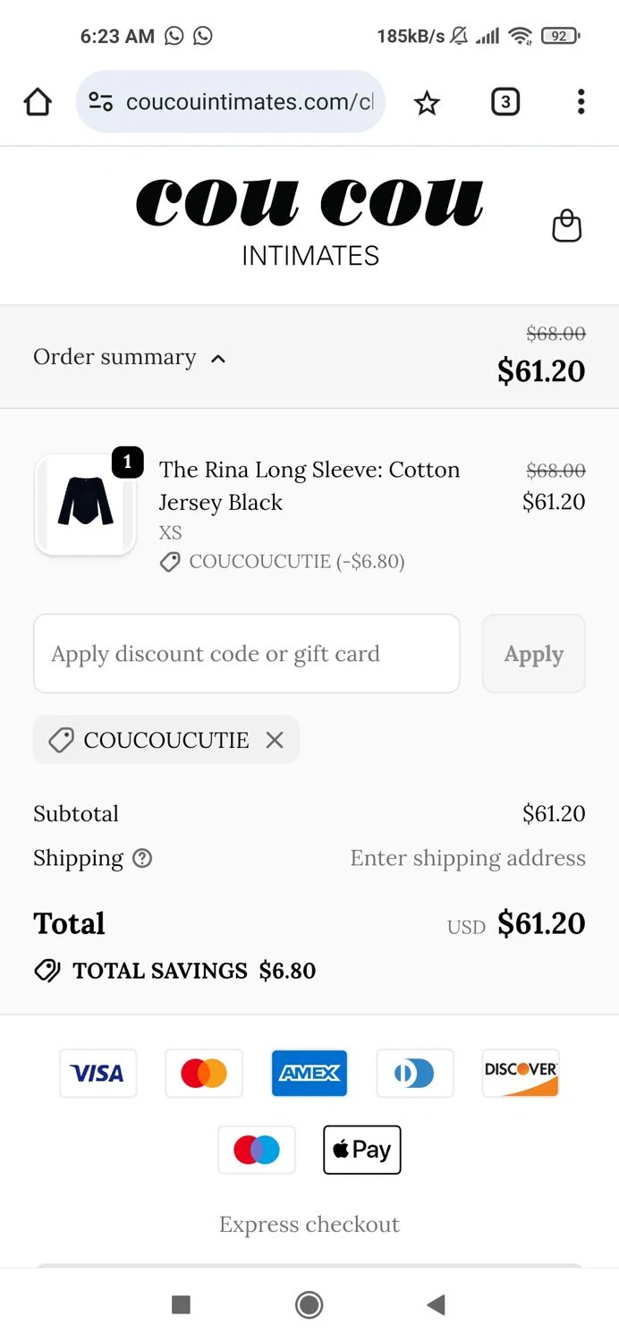 Cou Cou Intimates discount code screenshot showing code COUCOUCUTIE applied at Cou Cou Intimates checkout page. Uploaded by SimplyCodes community member Piolin on Nov 26, 2025