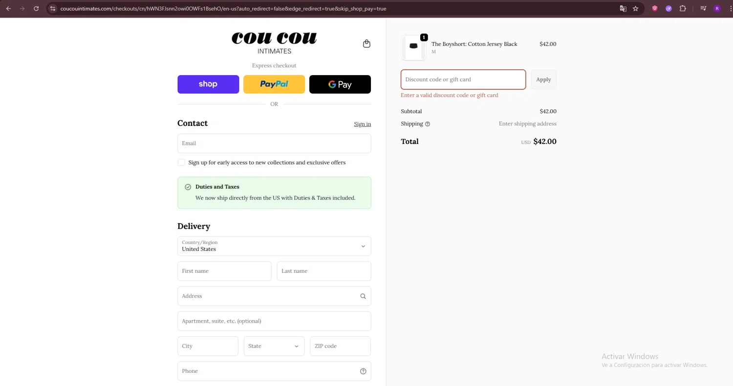 Cou Cou Intimates discount code screenshot showing code COUCOU10 applied at Cou Cou Intimates checkout page. Uploaded by SimplyCodes community member ThriftySage9319 on Sep 21, 2025