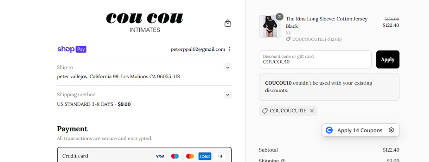 Cou Cou Intimates discount code screenshot showing code COUCOUCUTIE applied at Cou Cou Intimates checkout page. Uploaded by SimplyCodes community member ricardoramirez1 on Aug 18, 2025