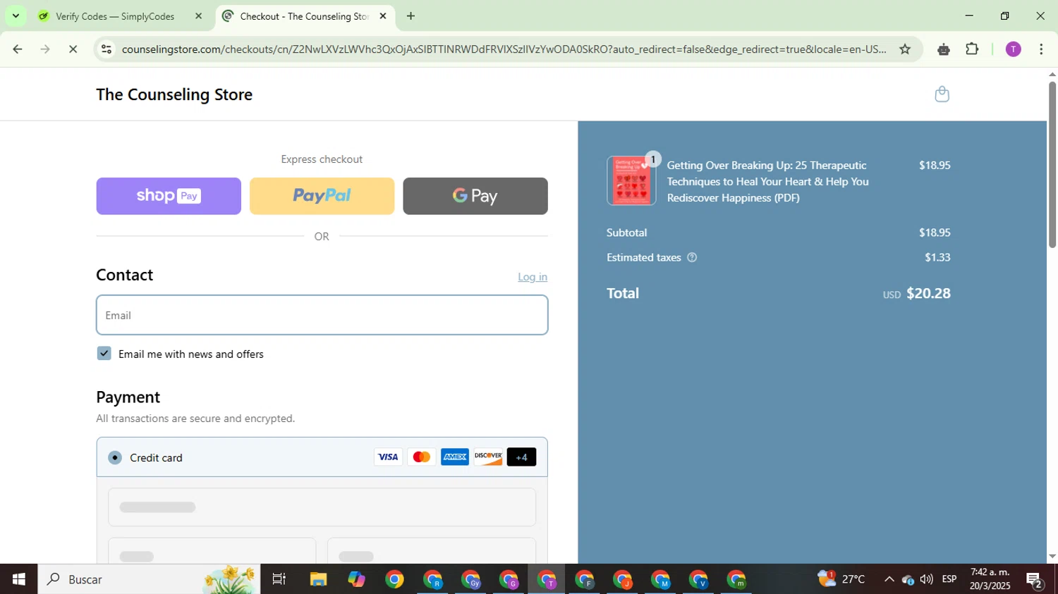 The Counseling Store promo code screenshot showing code FIVEOFF applied at The Counseling Store checkout page. Uploaded by SimplyCodes community member ThriftyCurator4085 on Mar 20, 2025