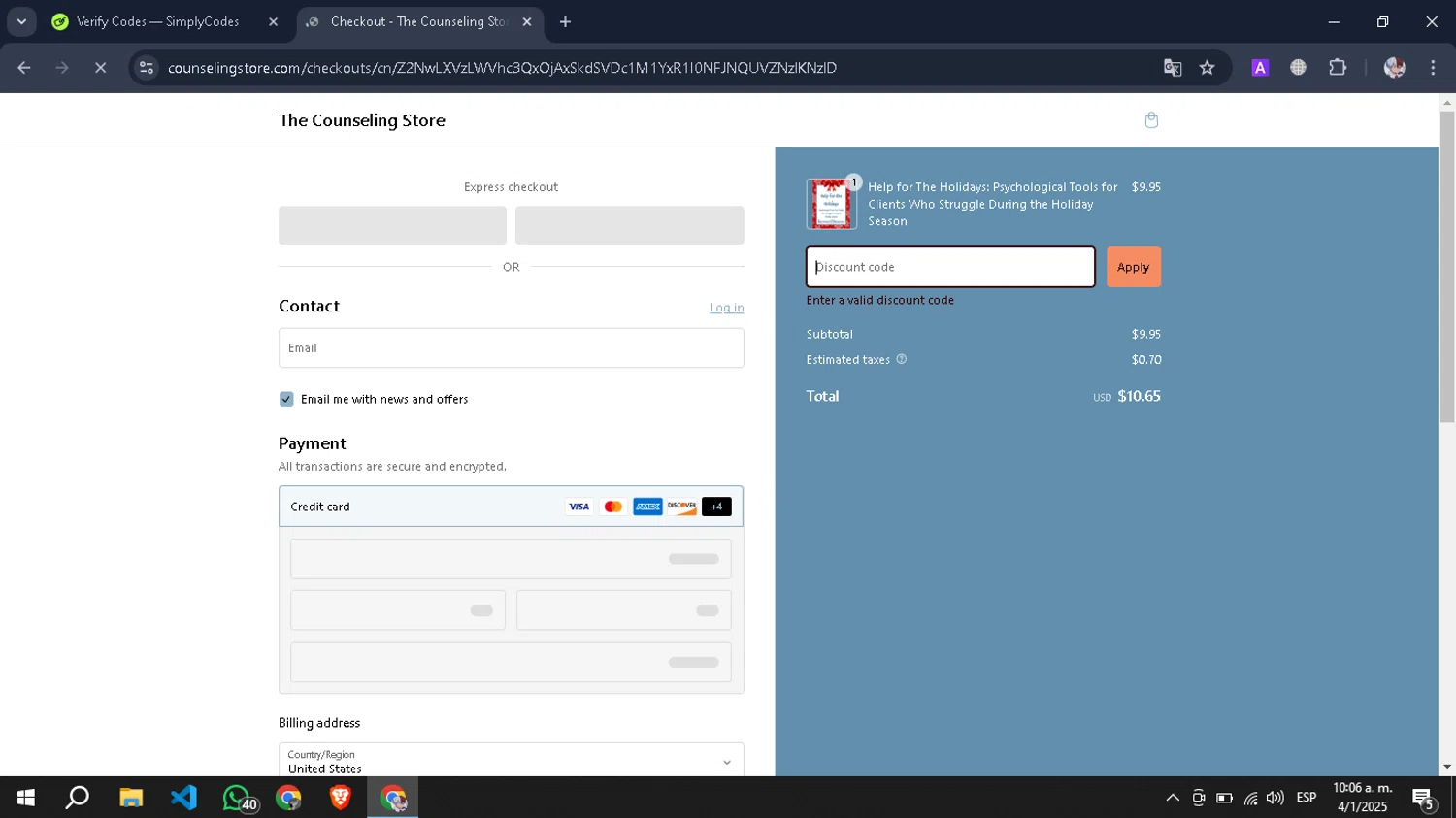 The Counseling Store promo code screenshot showing code holiday2024 applied at The Counseling Store checkout page. Uploaded by SimplyCodes community member Pansito on Jan 4, 2025