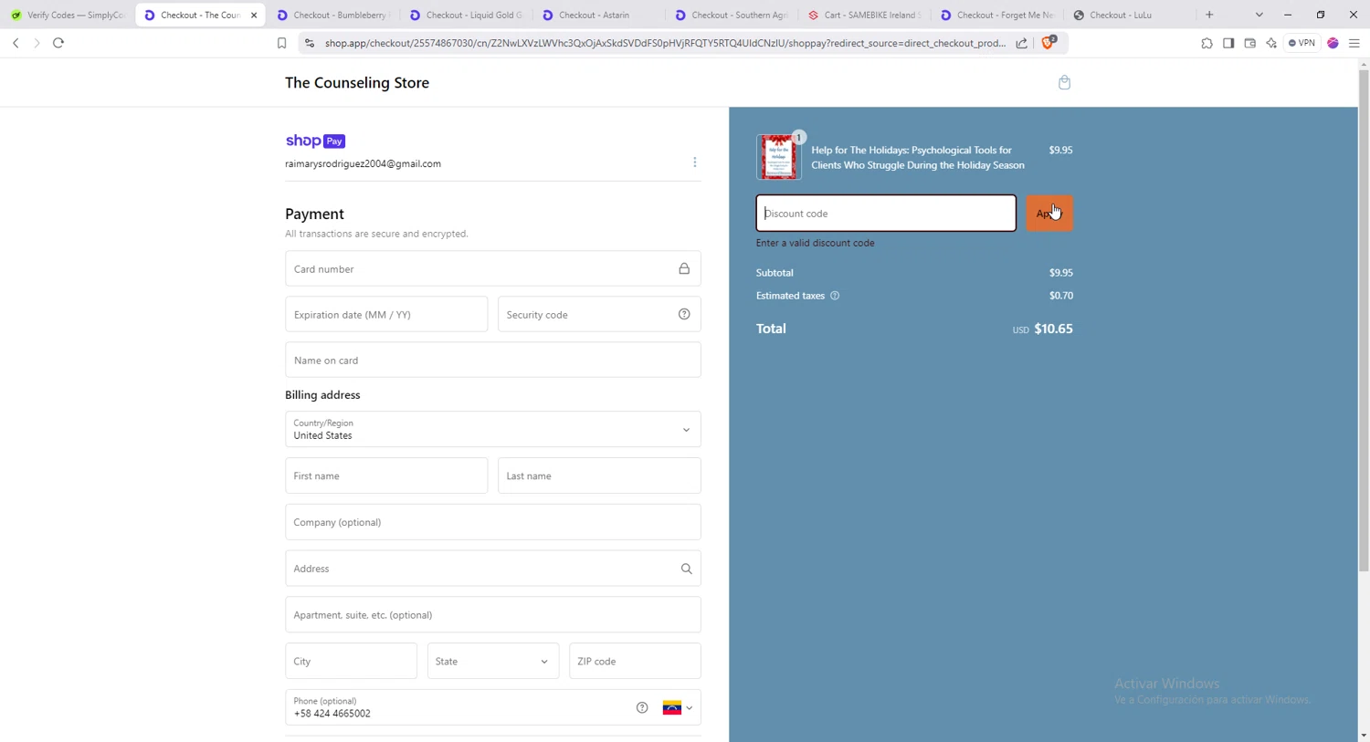 The Counseling Store promo code screenshot showing code holiday2024 applied at The Counseling Store checkout page. Uploaded by SimplyCodes community member Raiiii18 on Jan 4, 2025