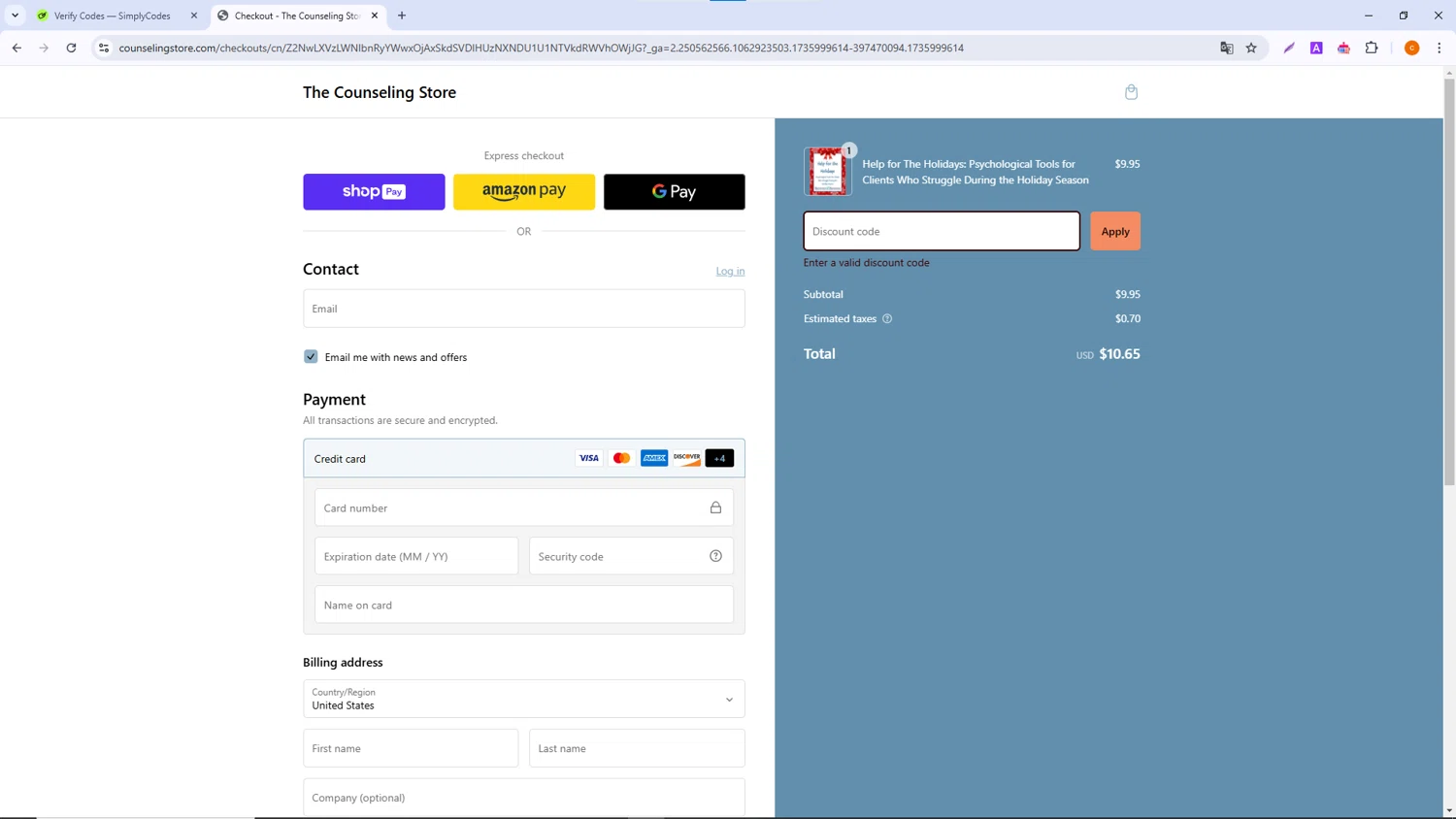 The Counseling Store promo code screenshot showing code holiday2024 applied at The Counseling Store checkout page. Uploaded by SimplyCodes community member ShrewdCaptain9911 on Jan 4, 2025