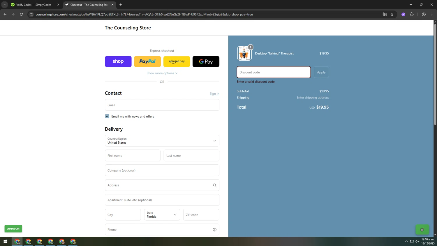 The Counseling Store promo code screenshot showing code HOLIDAY2025 applied at The Counseling Store checkout page. Uploaded by SimplyCodes community member MRYORMAN on Dec 18, 2025