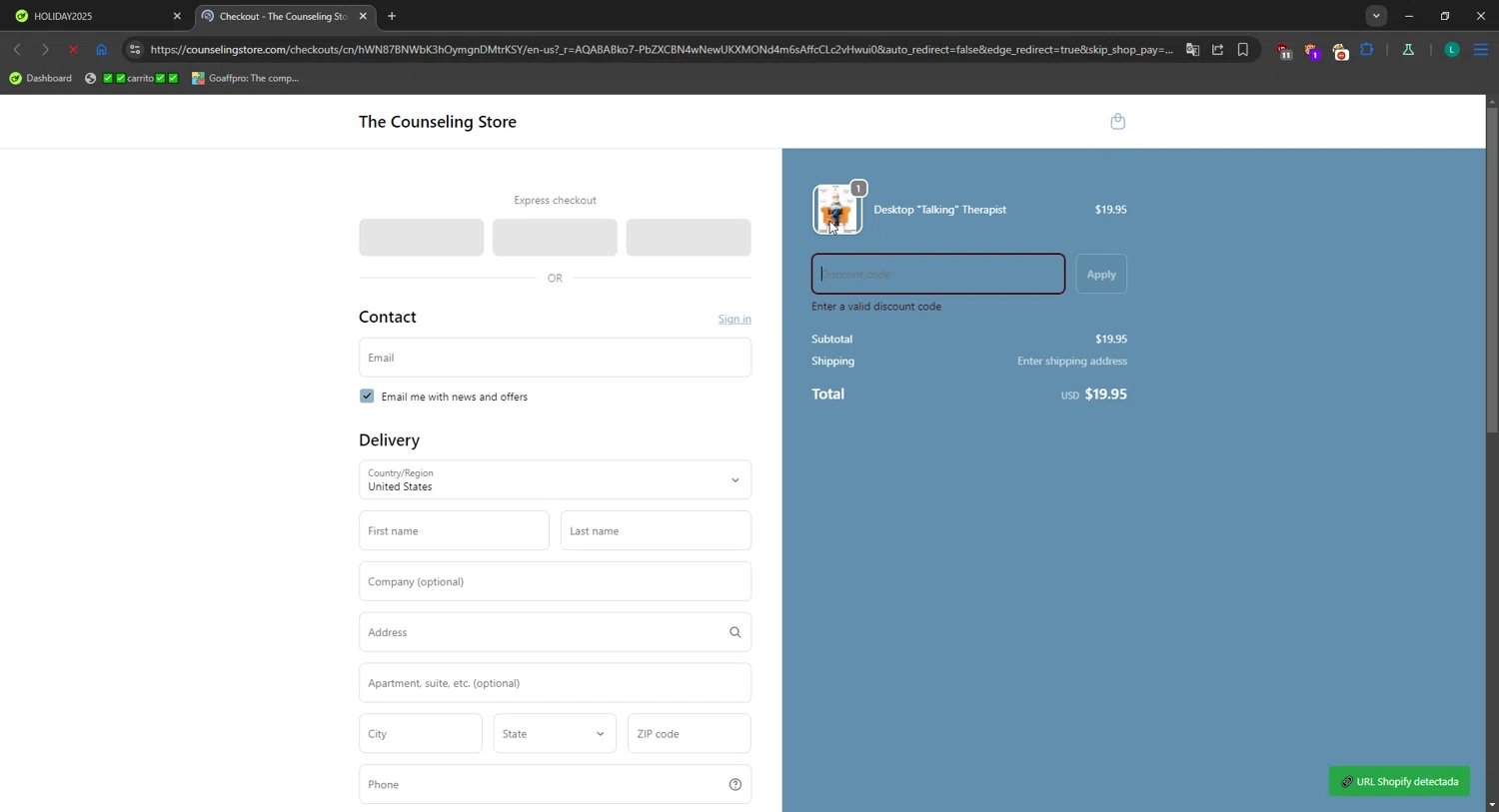 The Counseling Store promo code screenshot showing code HOLIDAY2025 applied at The Counseling Store checkout page. Uploaded by SimplyCodes community member CrownBoss2710 on Jan 28, 2026