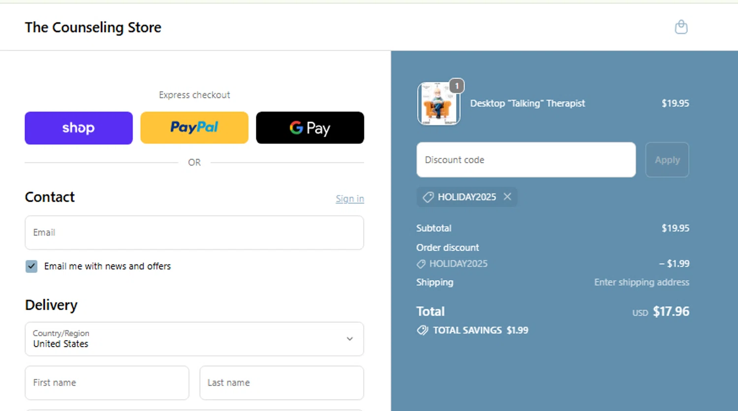 The Counseling Store promo code screenshot showing code holiday2025 applied at The Counseling Store checkout page. Uploaded by SimplyCodes community member carlosrivero on Dec 18, 2025
