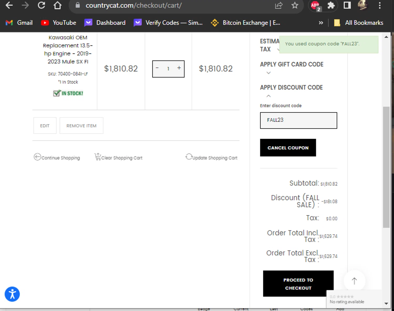 Country Cat checkout page showing Country Cat discount code box | Screenshot taken by SimplyCodes community member on Sep 27, 2023