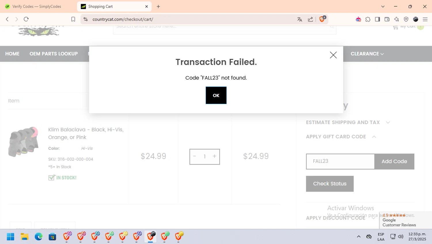 Country Cat discount code screenshot showing code FALL23 applied at Country Cat checkout page. Uploaded by SimplyCodes community member bombardeen_vzla on Mar 27, 2025