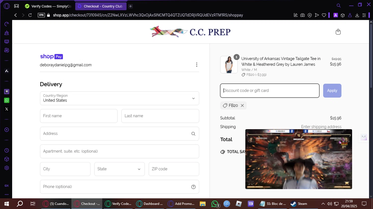Country Club Prep promo code screenshot showing code FB20 applied at Country Club Prep checkout page. Uploaded by SimplyCodes community member Luthermaxu on Apr 21, 2025