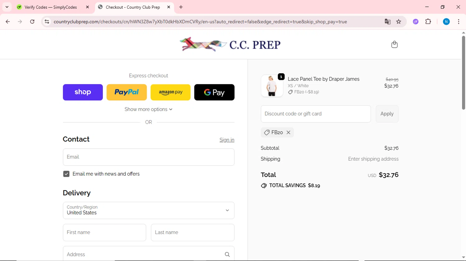 Country Club Prep promo code screenshot showing code FB20 applied at Country Club Prep checkout page. Uploaded by SimplyCodes community member QuestOwl6398 on Sep 30, 2025