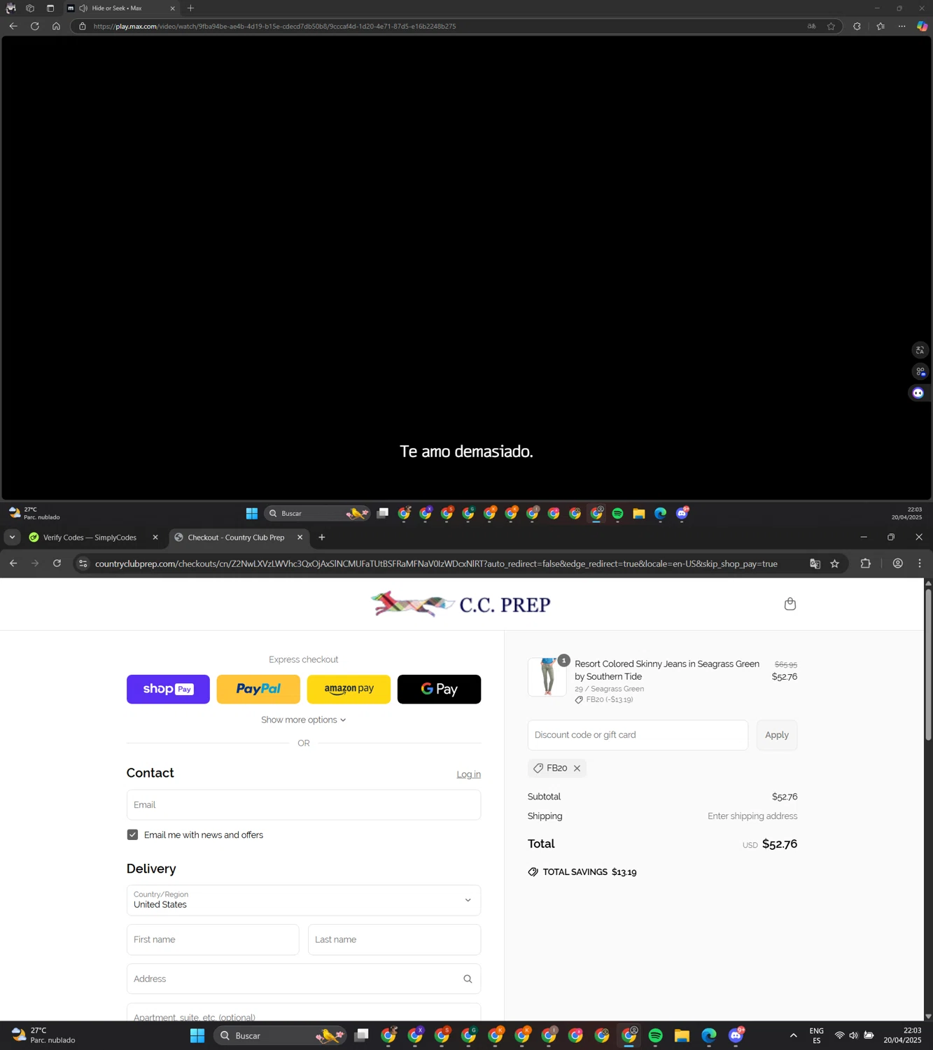 Country Club Prep promo code screenshot showing code FB20 applied at Country Club Prep checkout page. Uploaded by SimplyCodes community member gengarpirone292ca7 on Apr 21, 2025