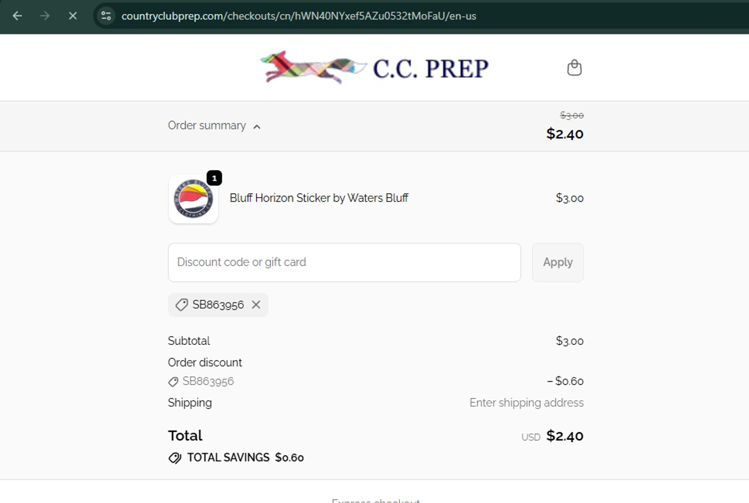 Country Club Prep promo code screenshot showing code SB863956 applied at Country Club Prep checkout page. Uploaded by SimplyCodes community member xaswqe on Oct 11, 2025