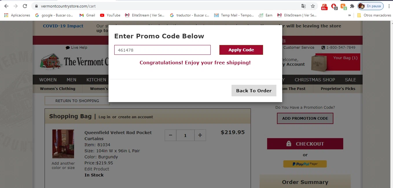 Country Curtains checkout page showing Country Curtains promo code box | Screenshot taken by SimplyCodes community member on Nov 16, 2020