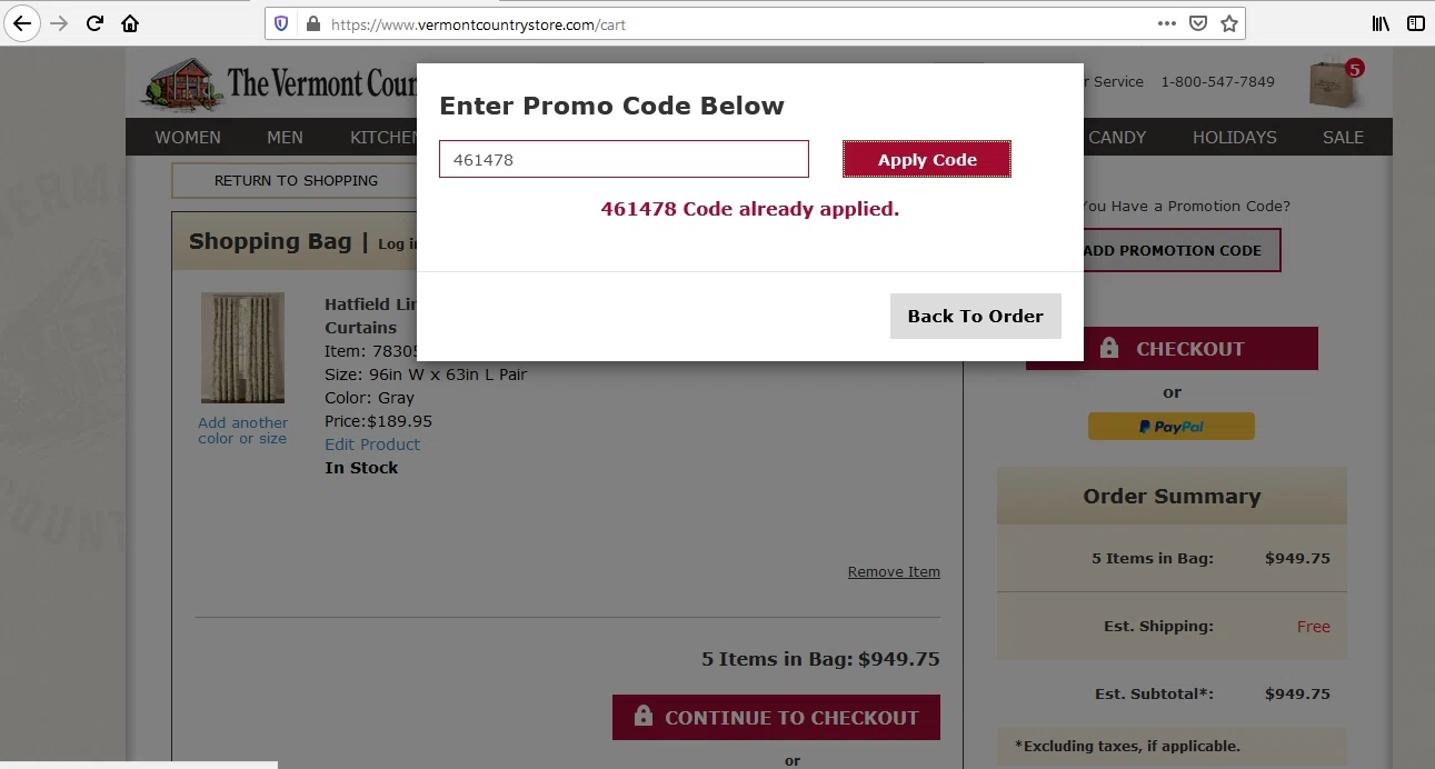 Country Curtains checkout page showing Country Curtains promo code box | Screenshot taken by SimplyCodes community member on Jul 29, 2020