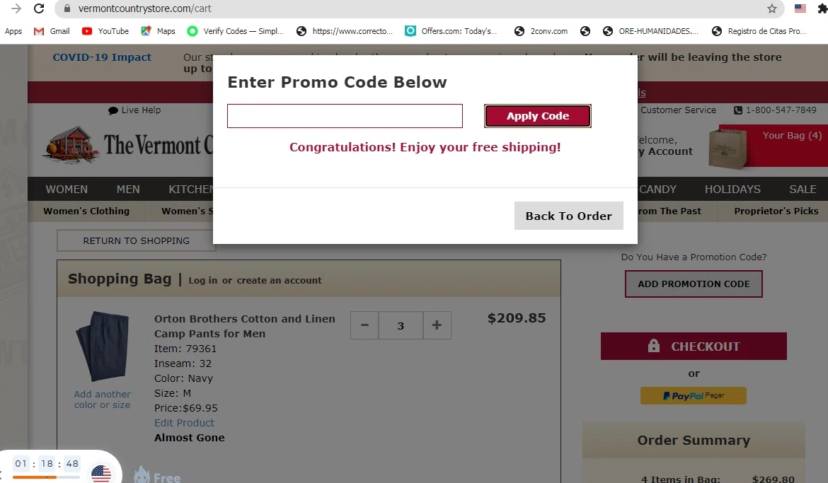 Country Curtains checkout page showing Country Curtains promo code box | Screenshot taken by SimplyCodes community member on Oct 12, 2020