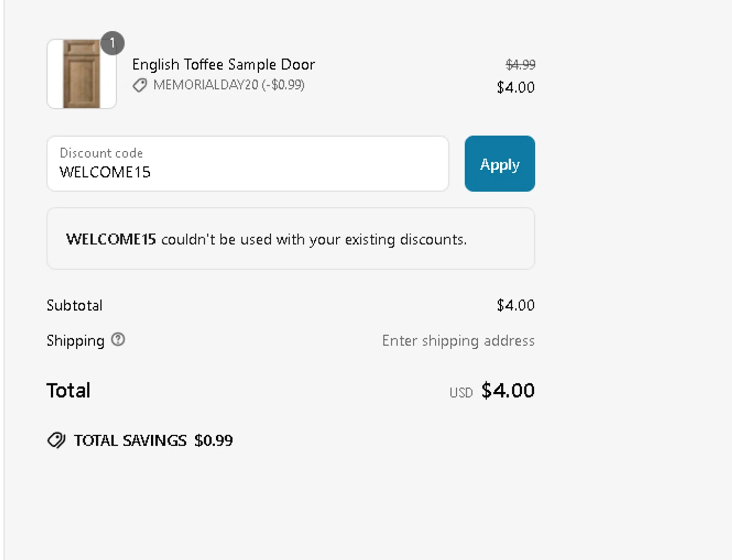 Country Kitchens promo code screenshot showing code WELCOME15 applied at Country Kitchens checkout page. Uploaded by SimplyCodes community member Netheryno on May 31, 2025