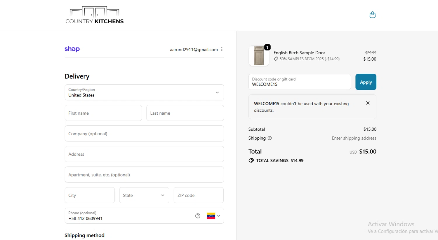 Country Kitchens promo code screenshot showing code WELCOME15 applied at Country Kitchens checkout page. Uploaded by SimplyCodes community member pinkman on Nov 22, 2025