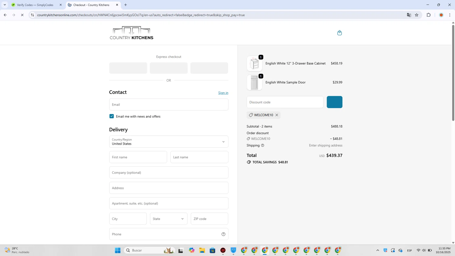 Country Kitchens promo code screenshot showing code WELCOME10 applied at Country Kitchens checkout page. Uploaded by SimplyCodes community member EpicScout8515 on Oct 17, 2025