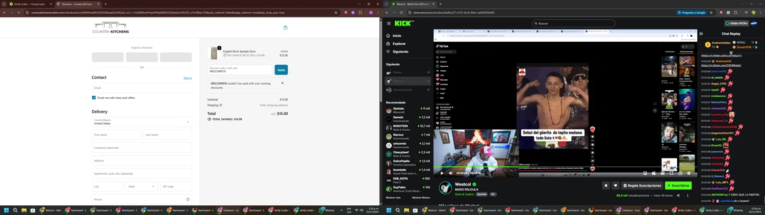 Country Kitchens promo code screenshot showing code WELCOME10 applied at Country Kitchens checkout page. Uploaded by SimplyCodes community member RoyalSentinel4577 on Nov 22, 2025
