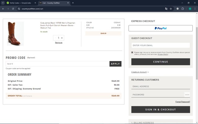Country Outfitter checkout page showing Country Outfitter promo code box | Screenshot taken by SimplyCodes community member on Sep 24, 2024