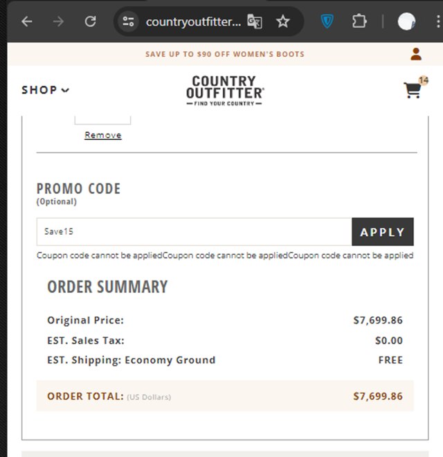 Country Outfitter checkout page showing Country Outfitter promo code box | Screenshot taken by SimplyCodes community member on Sep 24, 2024