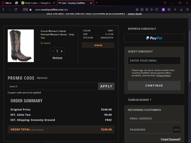 Country Outfitter checkout page showing Country Outfitter promo code box | Screenshot taken by SimplyCodes community member on Sep 24, 2024
