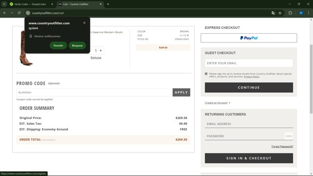 Country Outfitter checkout page showing Country Outfitter promo code box | Screenshot taken by SimplyCodes community member on Dec 5, 2024