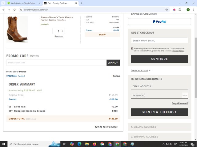 Country Outfitter checkout page showing Country Outfitter promo code box | Screenshot taken by SimplyCodes community member on Dec 2, 2024