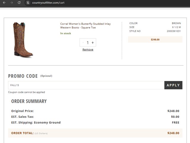 Country Outfitter checkout page showing Country Outfitter promo code box | Screenshot taken by SimplyCodes community member on Oct 28, 2024