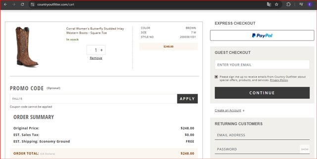 Country Outfitter checkout page showing Country Outfitter promo code box | Screenshot taken by SimplyCodes community member on Oct 28, 2024