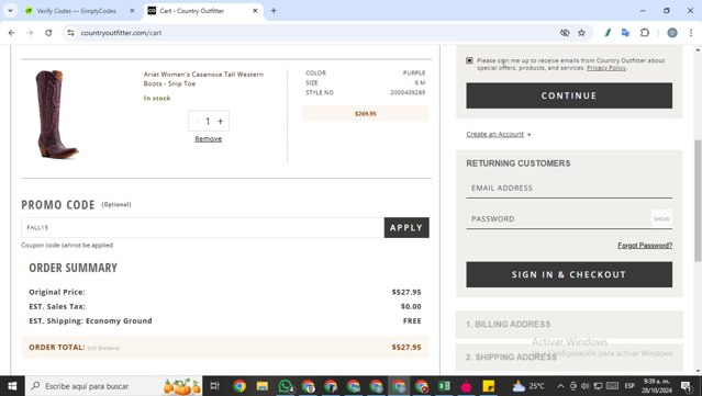 Country Outfitter checkout page showing Country Outfitter promo code box | Screenshot taken by SimplyCodes community member on Oct 28, 2024