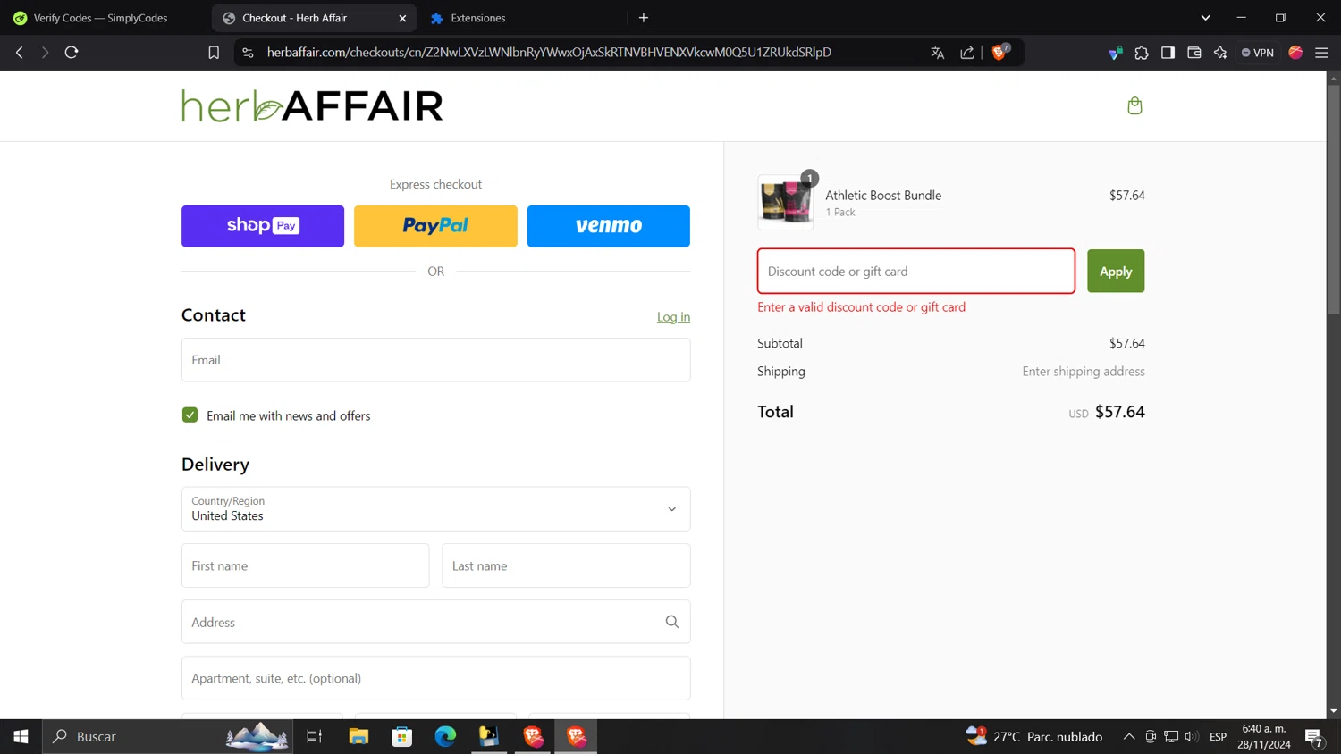 Countryoven checkout page showing Countryoven coupon code box | Screenshot taken by SimplyCodes community member on Nov 28, 2024